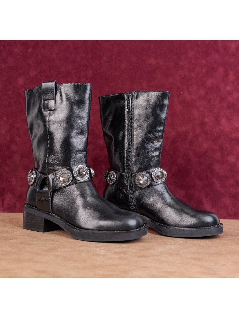 Kurt Geiger Women Black Leather Crystal Moto Cottage Festival Boots 8US EUR38.5